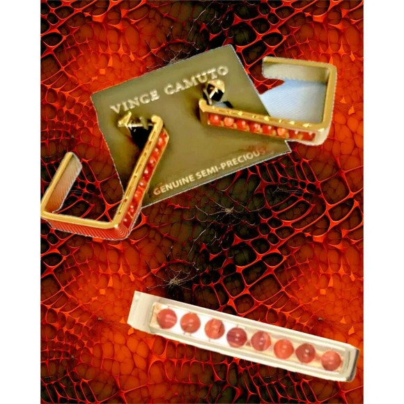 Vince Camuto Fiery Coral Semi-Precious Bead Stones Open Square Hoop Earrings - Picture 4 of 5